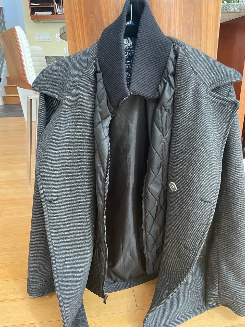 American Rag Men’s Charcoal Gray Wool-Blend Pea Coat with Quilted Liner